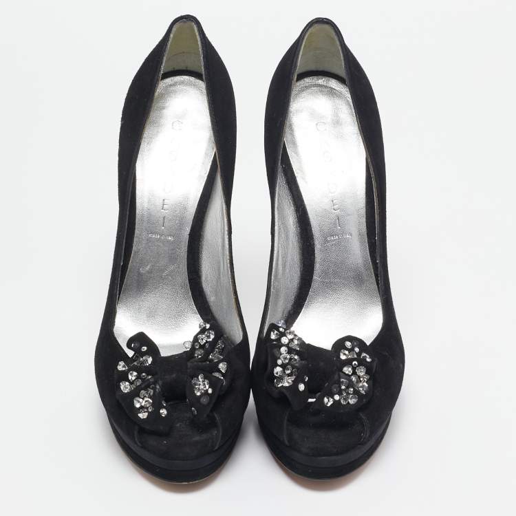 Pre Owned Casadei Black Suede Crystal Embellished Bow Peep Toe Pumps Size 38.5