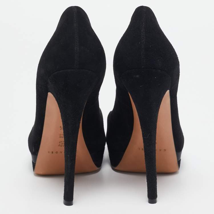 Pre Owned Casadei Black Suede Crystal Embellished Bow Peep Toe Pumps Size 38.5