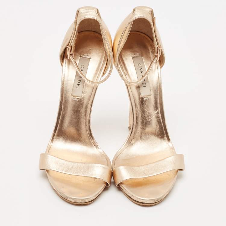 Pre Owned Casadei Gold Foil Leather Techno Blade Ankle Strap Sandals Size 36