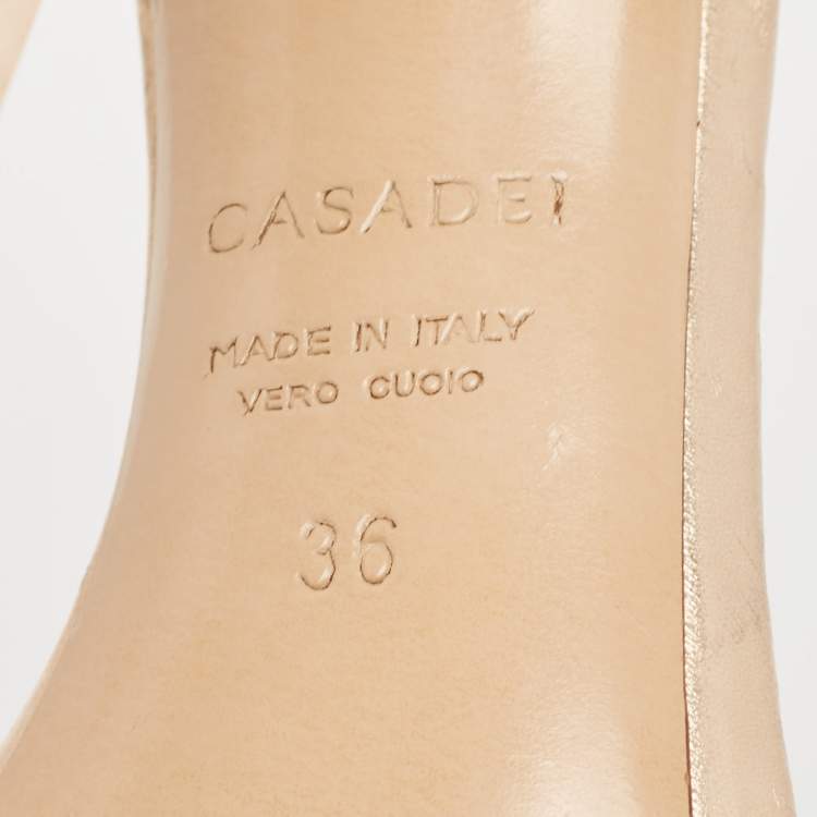 Pre Owned Casadei Gold Foil Leather Techno Blade Ankle Strap Sandals Size 36