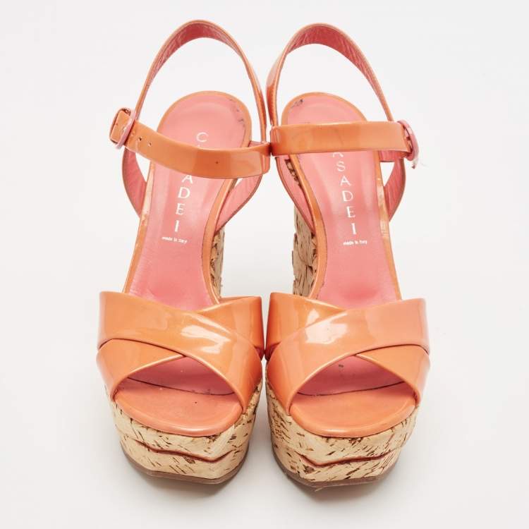 Pre Owned Casadei Pink Patent Leather Cork Wedge Ankle Strap Sandals Size 38