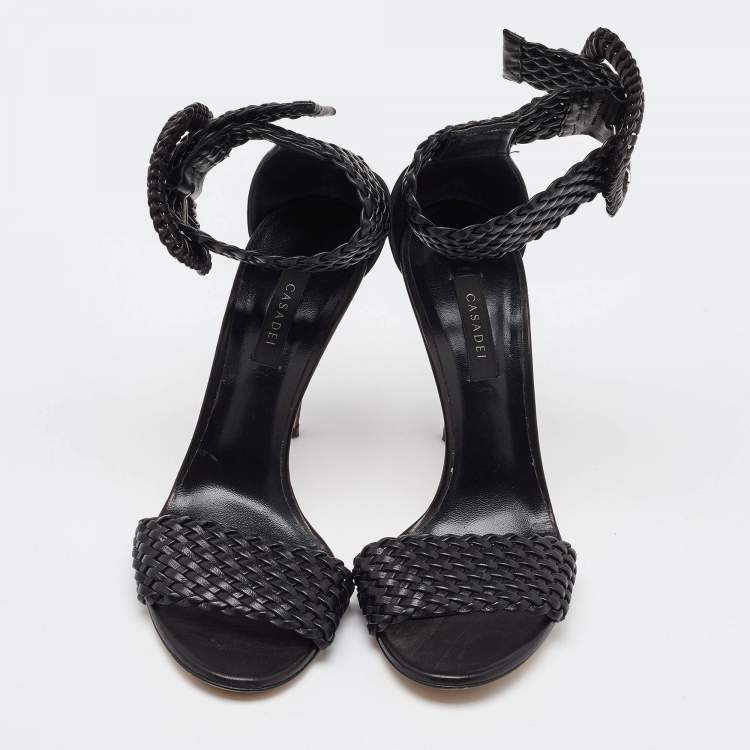 Pre Owned Casadei Black Woven Leather Buckle Ankle Strap Sandals Size 39.5