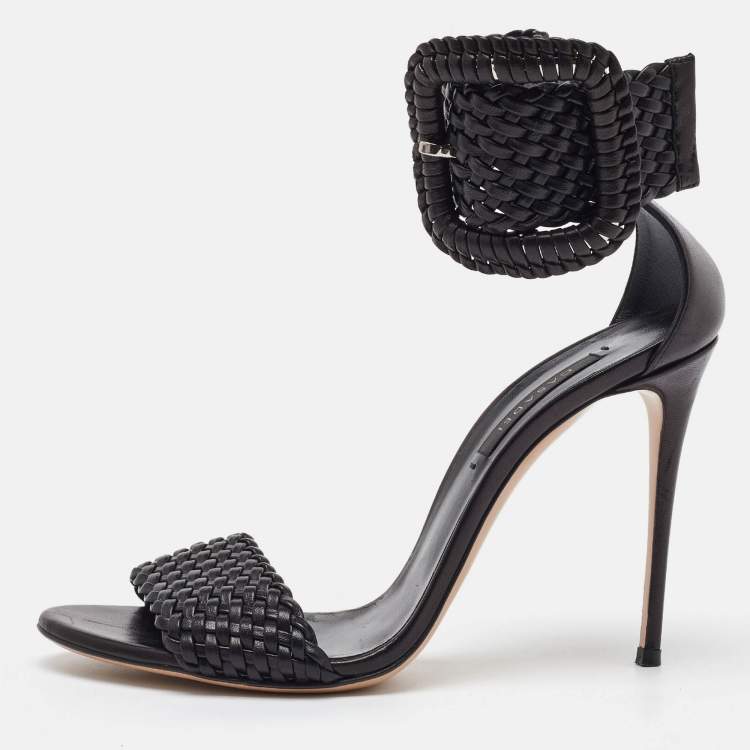 Pre Owned Casadei Black Woven Leather Buckle Ankle Strap Sandals Size 39.5