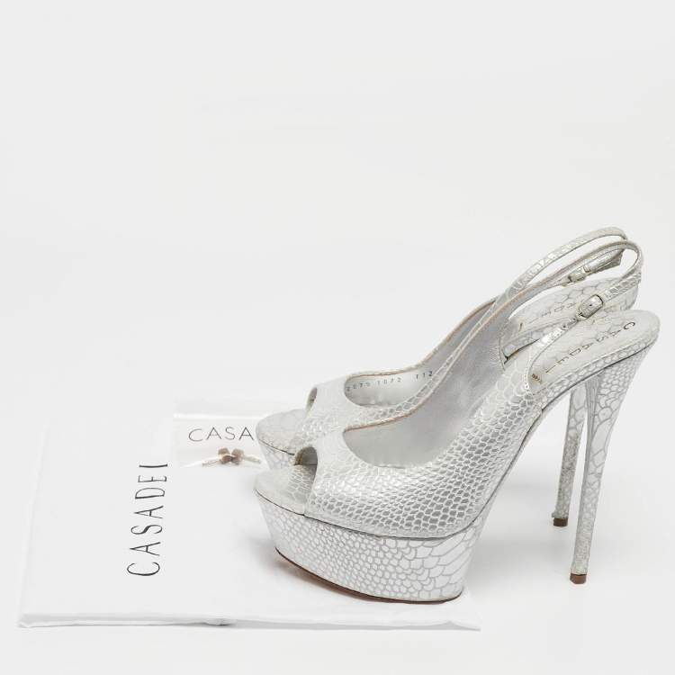 Pre Owned Casadei Silver Python Embossed Leather Peep Toe Slingback Sandals Size 39