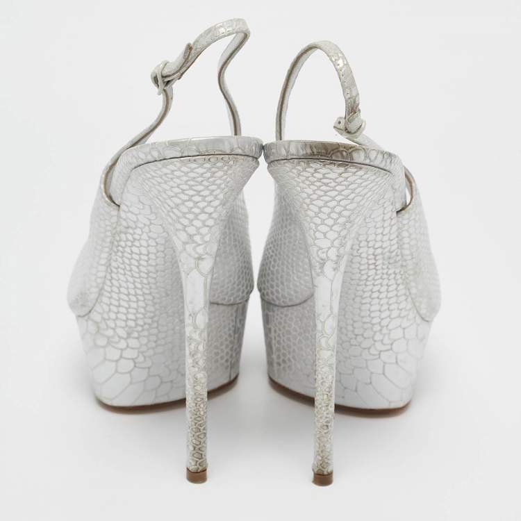 Pre Owned Casadei Silver Python Embossed Leather Peep Toe Slingback Sandals Size 39