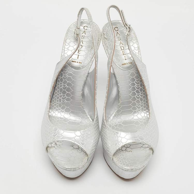 Pre Owned Casadei Silver Python Embossed Leather Peep Toe Slingback Sandals Size 39