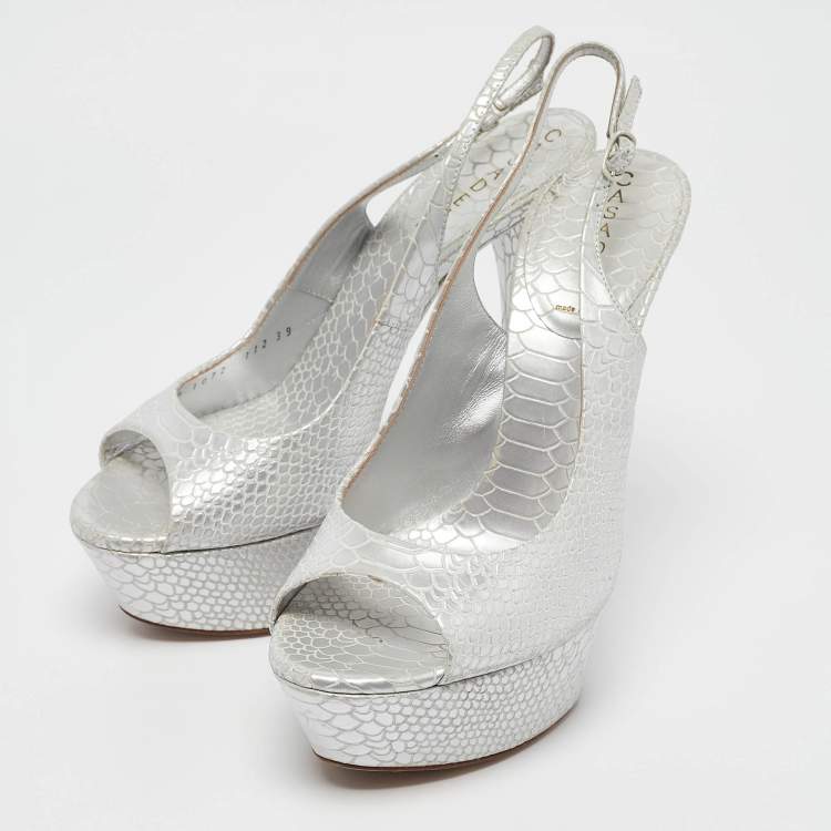 Pre Owned Casadei Silver Python Embossed Leather Peep Toe Slingback Sandals Size 39