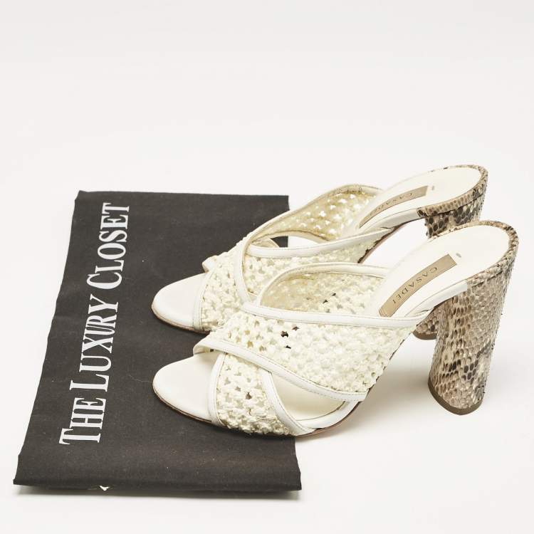 Pre Owned Casadei White/Brown Knit Fabric and Python Leather Slide Sandals Size 36