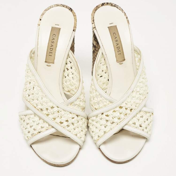 Pre Owned Casadei White/Brown Knit Fabric and Python Leather Slide Sandals Size 36