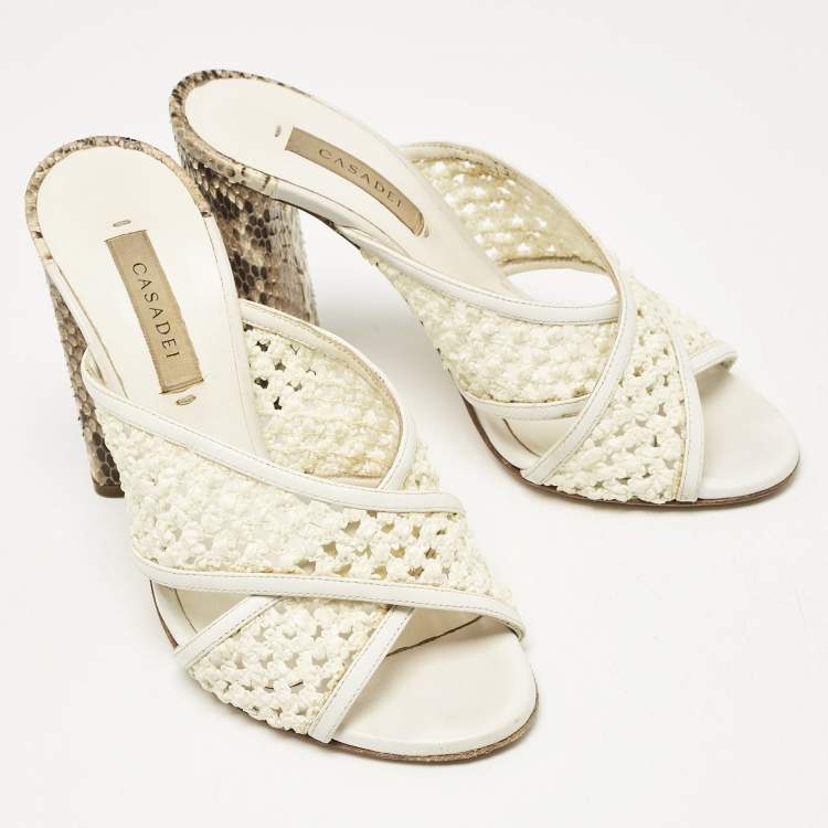 Pre Owned Casadei White/Brown Knit Fabric and Python Leather Slide Sandals Size 36
