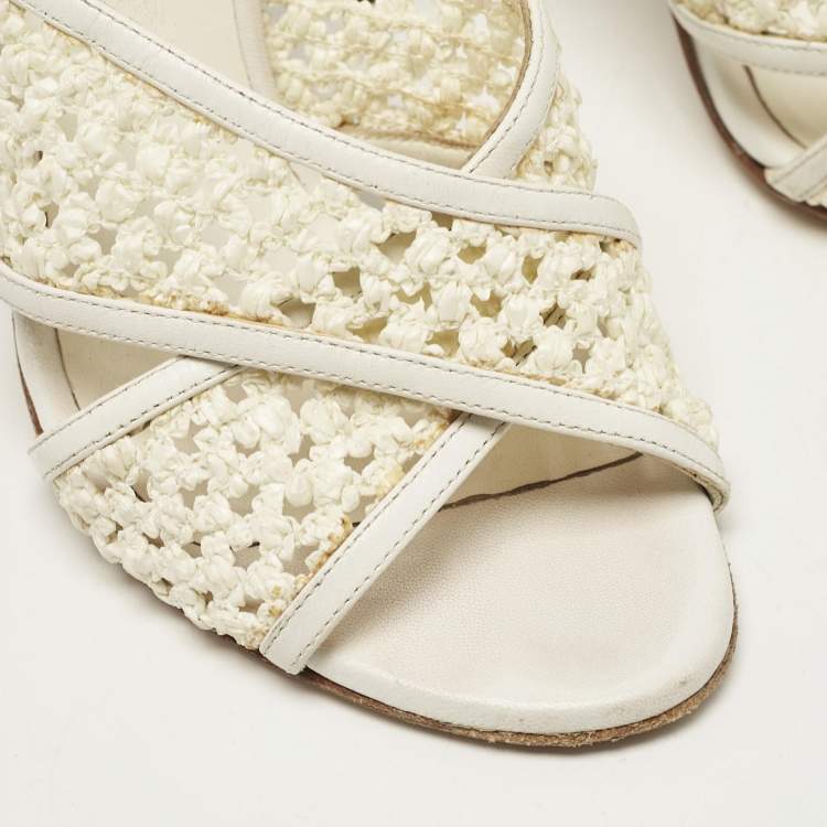 Pre Owned Casadei White/Brown Knit Fabric and Python Leather Slide Sandals Size 36