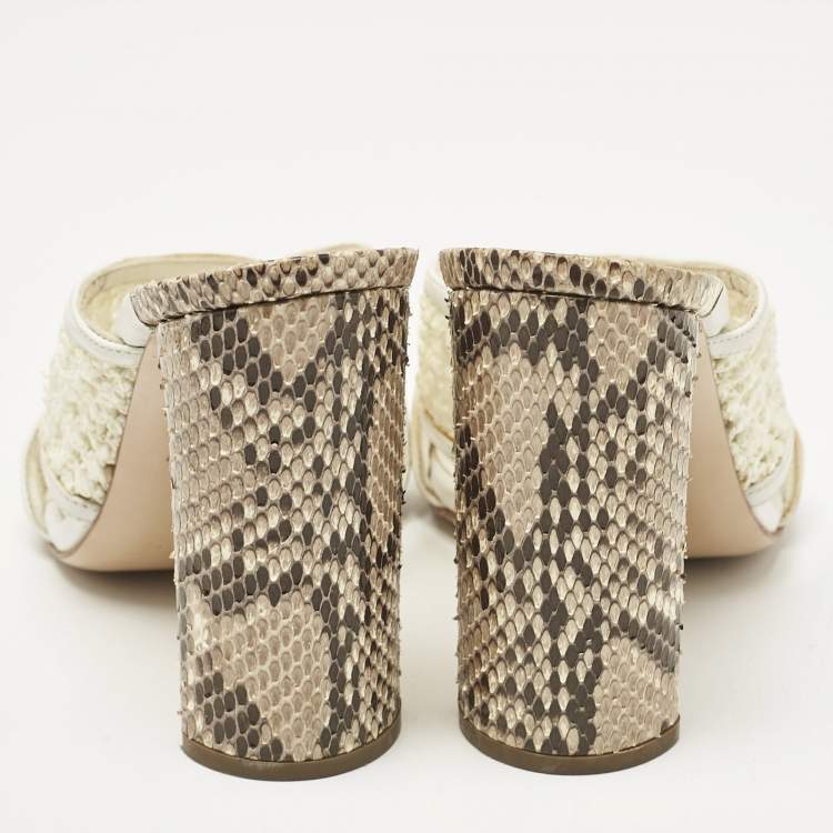 Pre Owned Casadei White/Brown Knit Fabric and Python Leather Slide Sandals Size 36