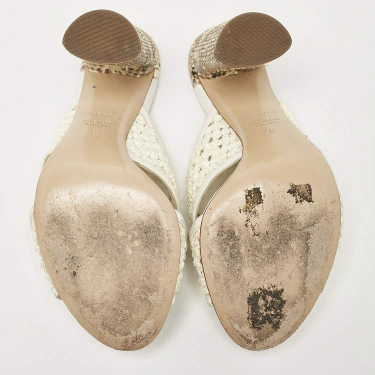 Pre Owned Casadei White/Brown Knit Fabric and Python Leather Slide Sandals Size 36