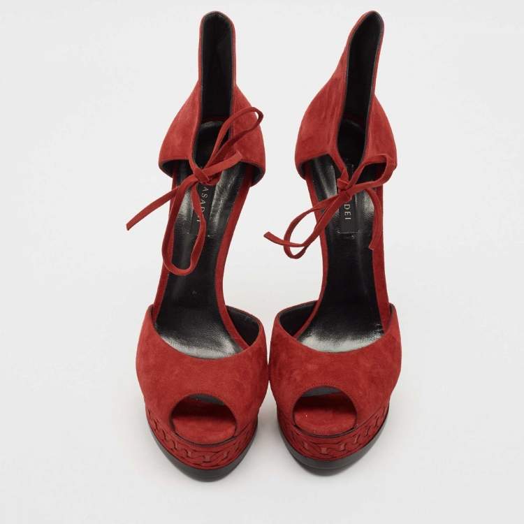 Pre Owned Casadei Red Suede Camoscio Ankle Strap Sandals Size 40