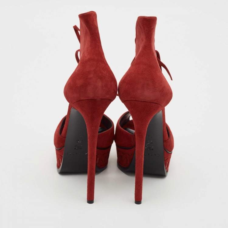 Pre Owned Casadei Red Suede Camoscio Ankle Strap Sandals Size 40