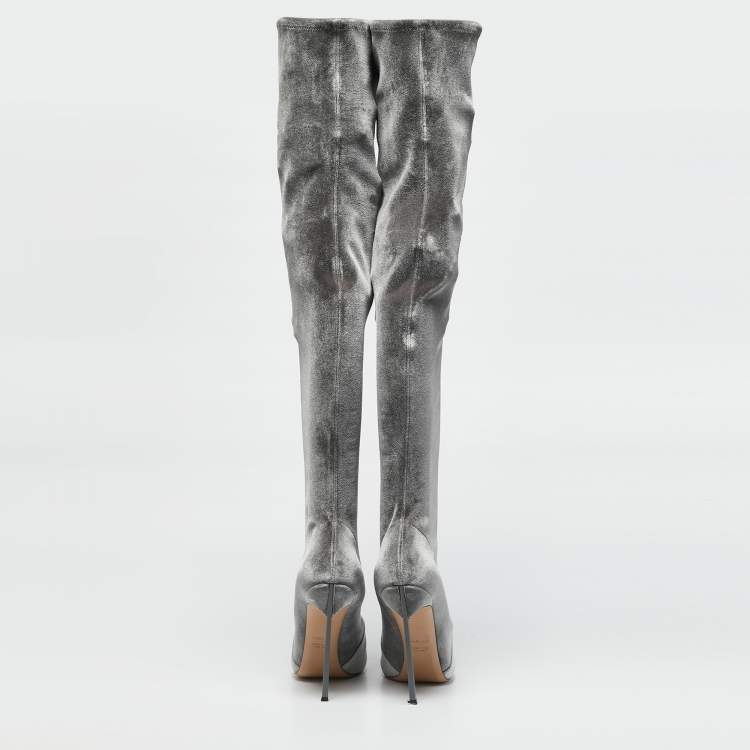 Pre Owned Casadei Green Velvet Blade Over The Knee Boots Size 41