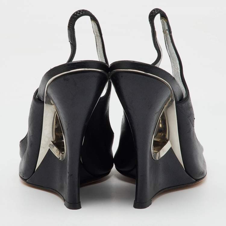 Pre Owned Casadei Black Leather Slingback Wedge Pumps Size 38.5