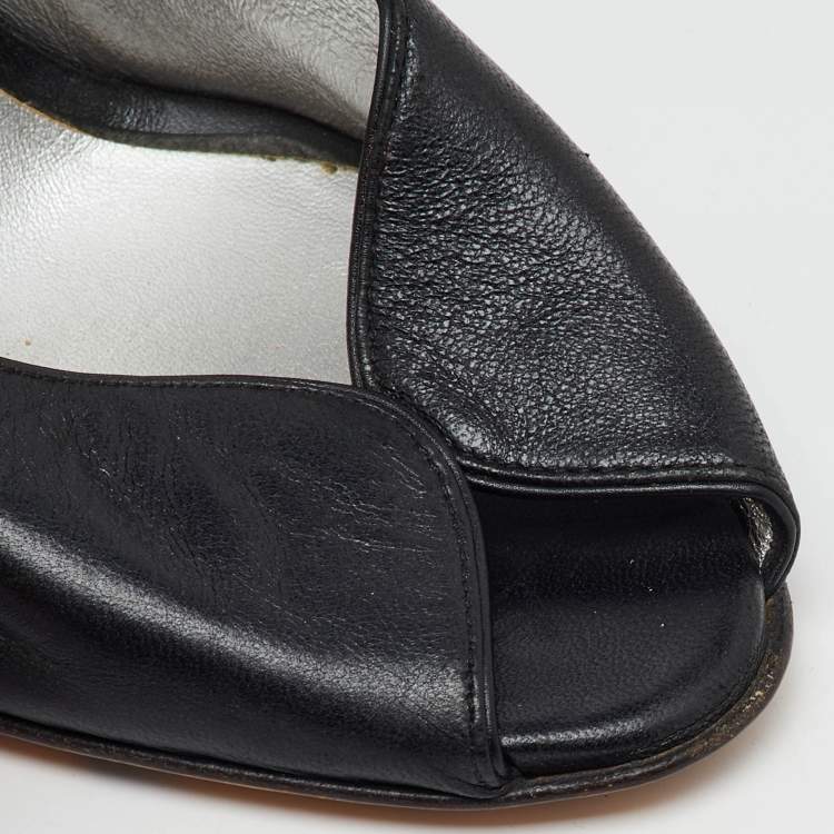 Pre Owned Casadei Black Leather Slingback Wedge Pumps Size 38.5