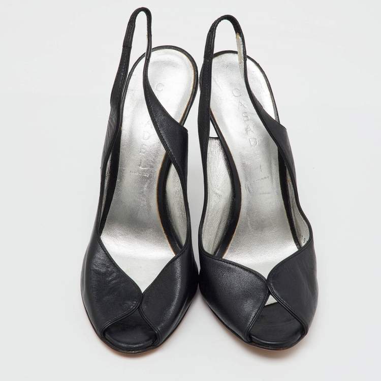 Pre Owned Casadei Black Leather Slingback Wedge Pumps Size 38.5