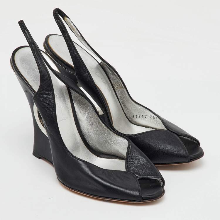 Pre Owned Casadei Black Leather Slingback Wedge Pumps Size 38.5