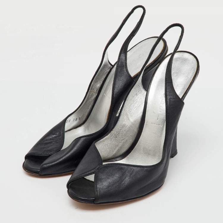 Pre Owned Casadei Black Leather Slingback Wedge Pumps Size 38.5