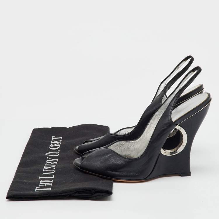 Pre Owned Casadei Black Leather Slingback Wedge Pumps Size 38.5