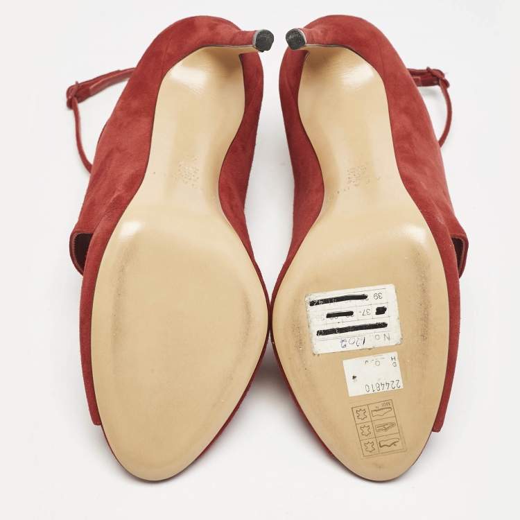 Pre Owned Casadei Red Suede Cut Out Ankle Strap Booties Size 37.5