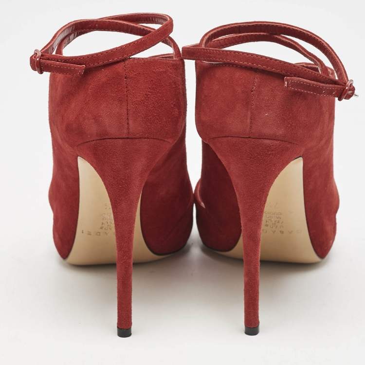 Pre Owned Casadei Red Suede Cut Out Ankle Strap Booties Size 37.5