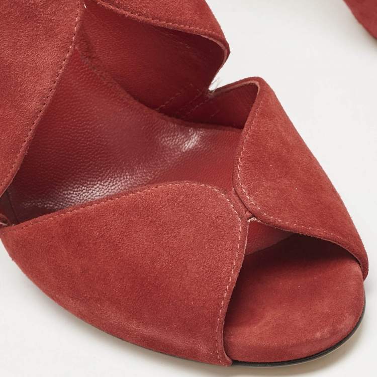 Pre Owned Casadei Red Suede Cut Out Ankle Strap Booties Size 37.5