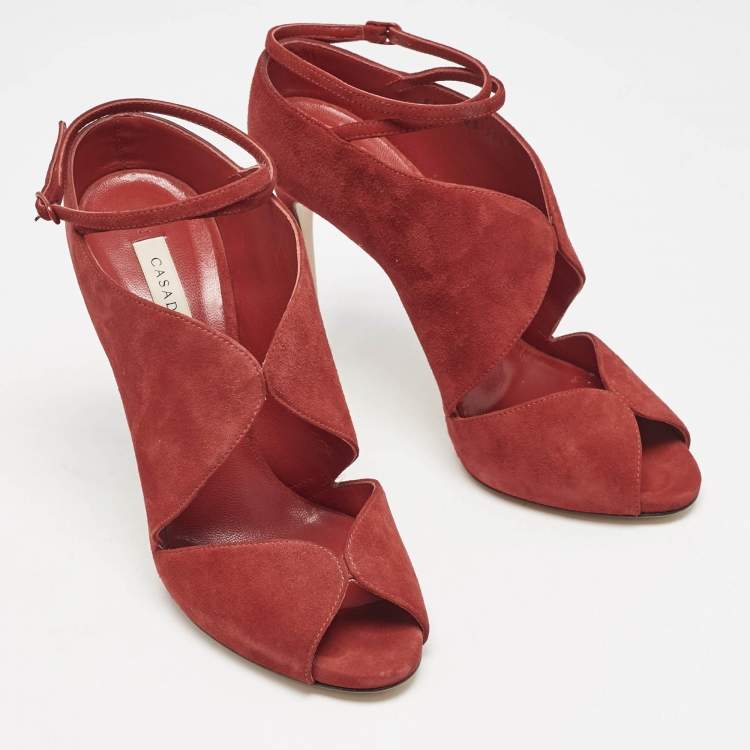 Pre Owned Casadei Red Suede Cut Out Ankle Strap Booties Size 37.5