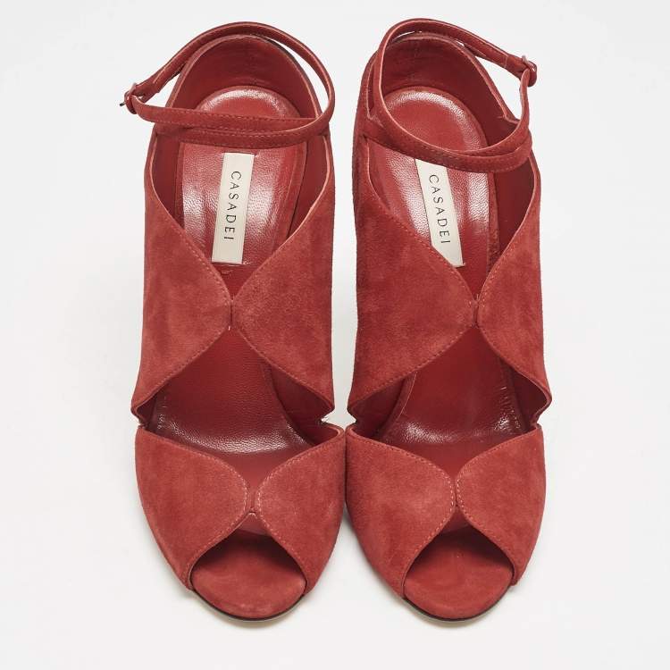 Pre Owned Casadei Red Suede Cut Out Ankle Strap Booties Size 37.5