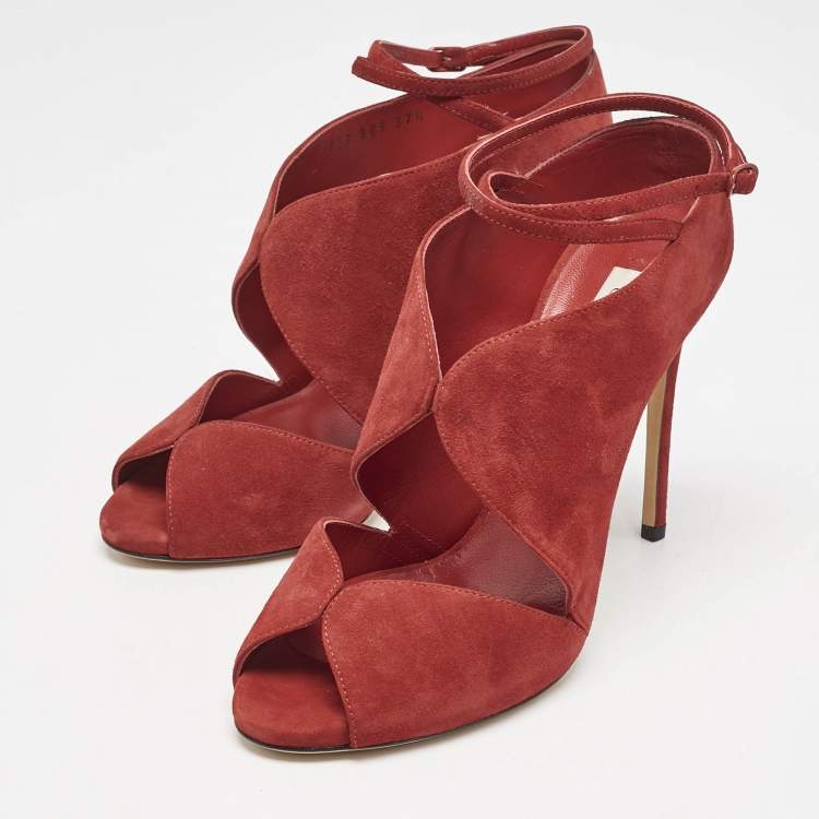Pre Owned Casadei Red Suede Cut Out Ankle Strap Booties Size 37.5