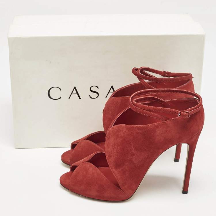 Pre Owned Casadei Red Suede Cut Out Ankle Strap Booties Size 37.5