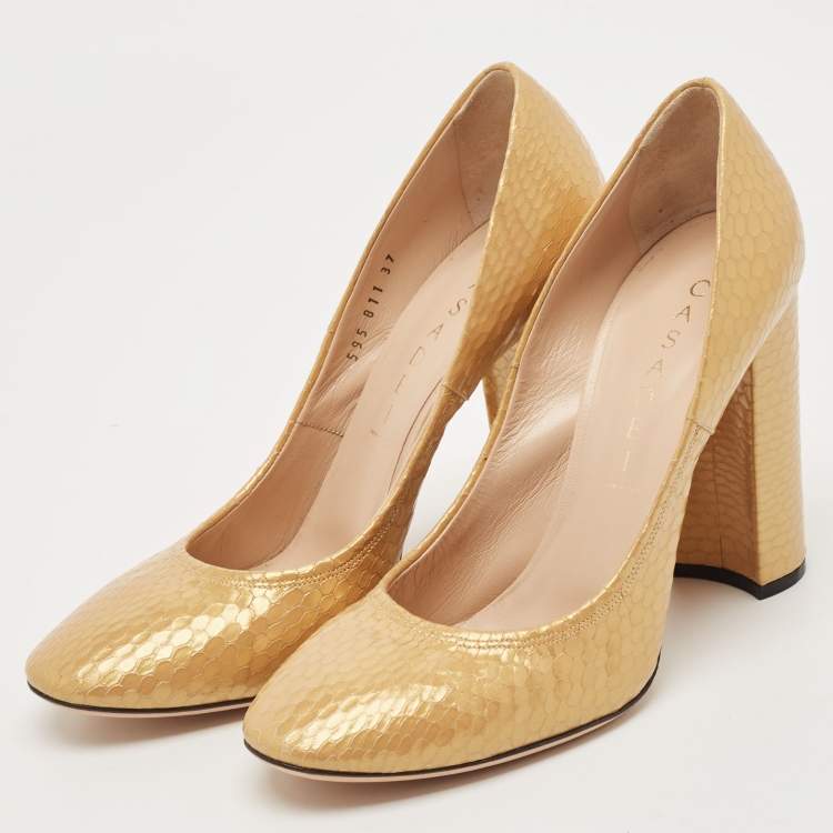 Pre Owned Casadei Yellow Python Embossed Leather Round Toe Pumps Size 37