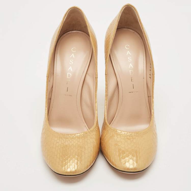 Pre Owned Casadei Yellow Python Embossed Leather Round Toe Pumps Size 37