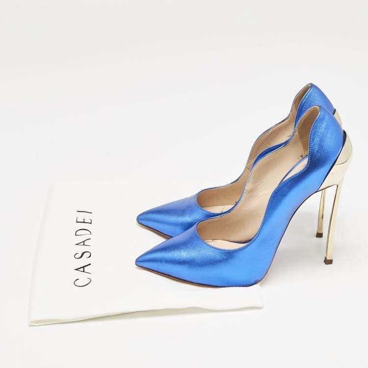 Pre Owned Casadei Blue/Gold Leather Techno Blade Pumps Size 35.5