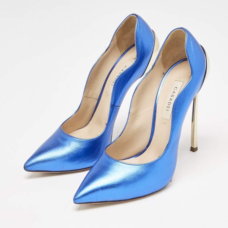 Pre Owned Casadei Blue/Gold Leather Techno Blade Pumps Size 35.5
