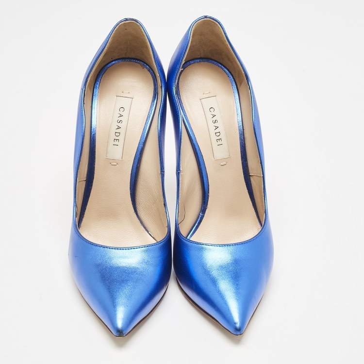 Pre Owned Casadei Blue/Gold Leather Techno Blade Pumps Size 35.5
