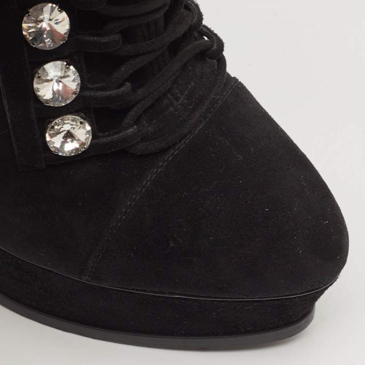 Pre Owned Casadei Black Suede Crystals Platform Ankle Length Boots Size 36