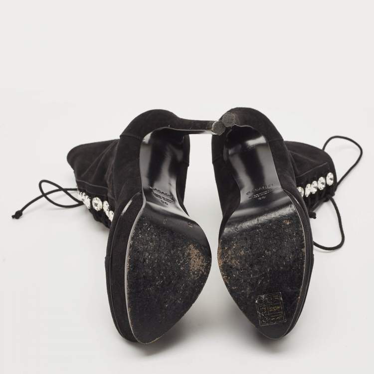 Pre Owned Casadei Black Suede Crystals Platform Ankle Length Boots Size 36