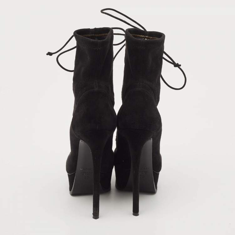 Pre Owned Casadei Black Suede Crystals Platform Ankle Length Boots Size 36