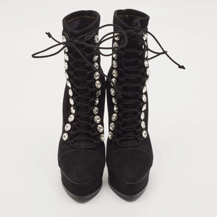 Pre Owned Casadei Black Suede Crystals Platform Ankle Length Boots Size 36