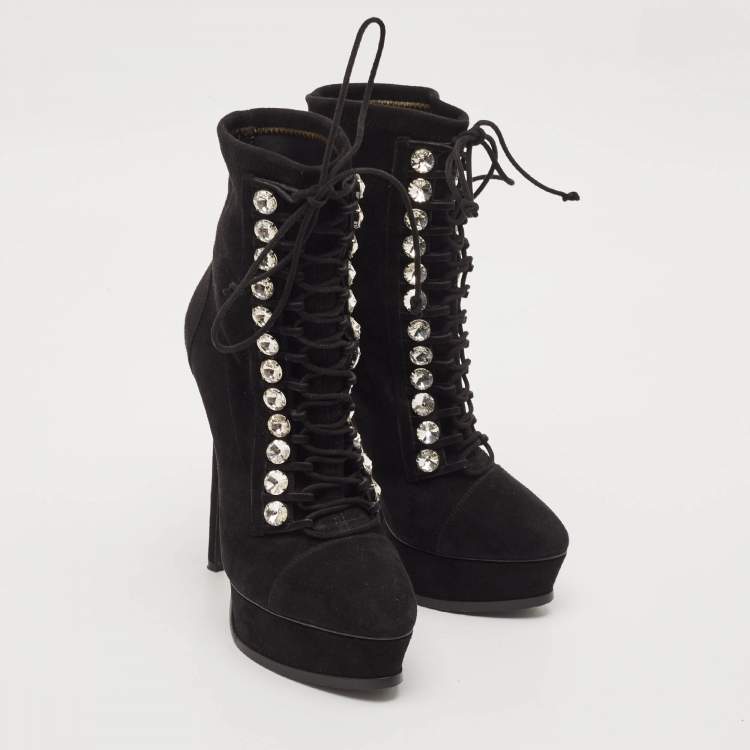 Pre Owned Casadei Black Suede Crystals Platform Ankle Length Boots Size 36