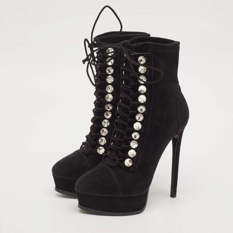 Pre Owned Casadei Black Suede Crystals Platform Ankle Length Boots Size 36