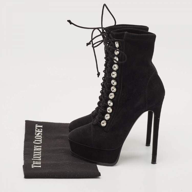 Pre Owned Casadei Black Suede Crystals Platform Ankle Length Boots Size 36