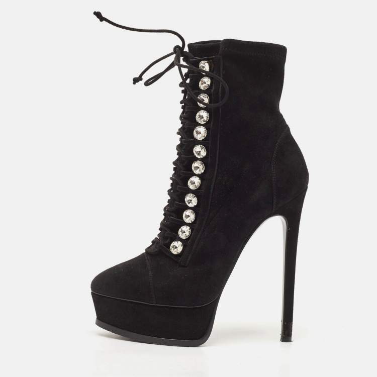 Pre Owned Casadei Black Suede Crystals Platform Ankle Length Boots Size 36
