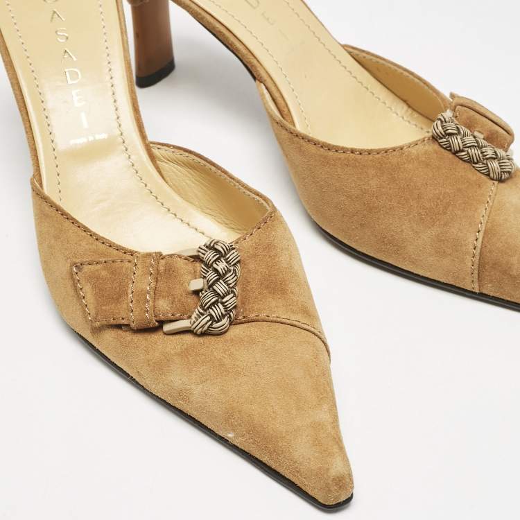 Pre Owned Casadei Brown Suede Buckle Pointed Toe Mules Size 38.5