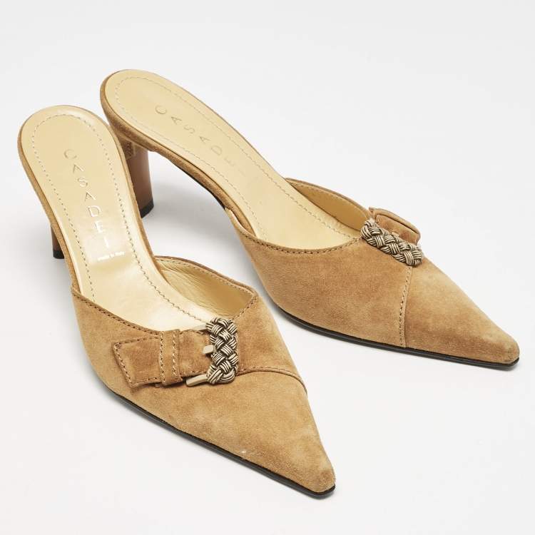 Pre Owned Casadei Brown Suede Buckle Pointed Toe Mules Size 38.5