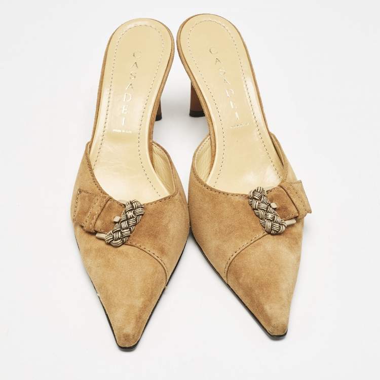 Pre Owned Casadei Brown Suede Buckle Pointed Toe Mules Size 38.5