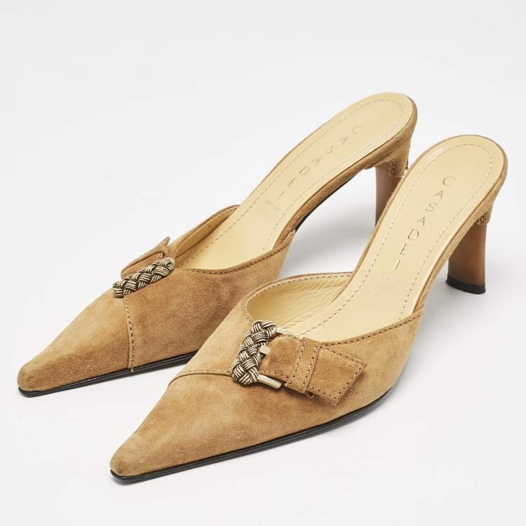 Pre Owned Casadei Brown Suede Buckle Pointed Toe Mules Size 38.5